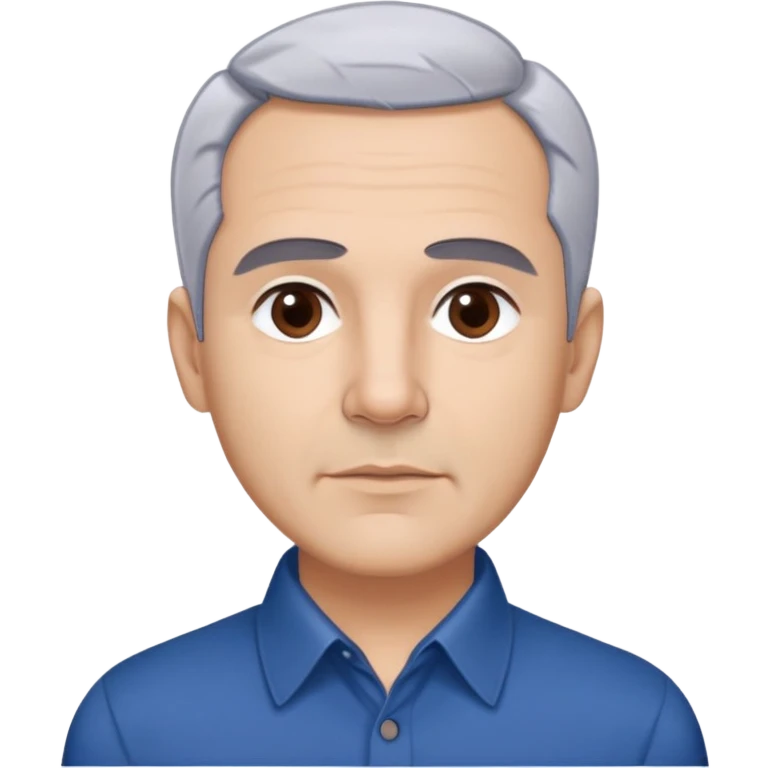Puerto Rican actor René Monclova with light skin, round face, broad cheekbones. Lively dark brown eyes, thick straight eyebrows. Short silvery gray hair with receding hairline. Professional demeanor. Wearing a dark blue collared shirt. emoji