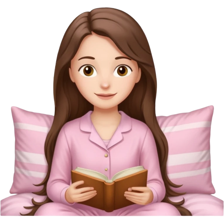  happy white long brunette hair girl with hazel eyes in light pink pajamas reading Pride and Prejudice emoji