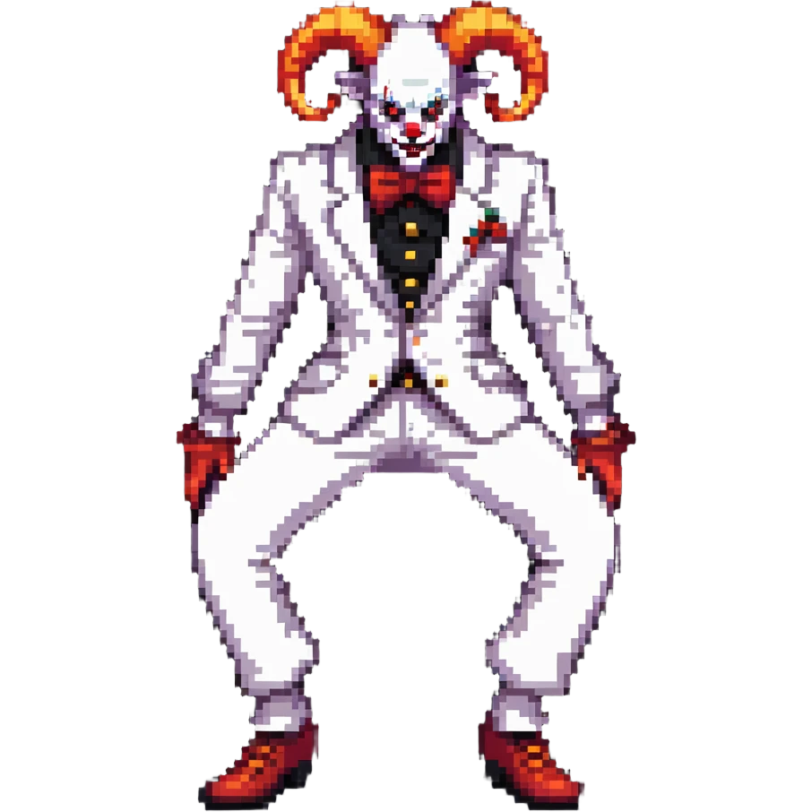 full-body demonic clown in a white leisure suit with bellbottom pants, bald, black ram horns, wearing elevator shoes emoji