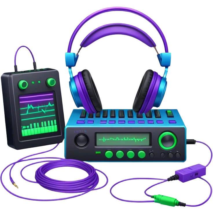 Create a creative and technical emoji that represents sound design. The design should feature a soundwave, a pair of studio headphones, and an audio synthesizer or soundboard to symbolize the manipulation and creation of unique soundscapes. Add subtle elements like audio cables, a mixing console, or a waveform to reflect the technical aspect of sound design. Use vibrant, futuristic colors like neon blue, purple, and green to represent innovation and creativity in sound. The background should be transparent. emoji