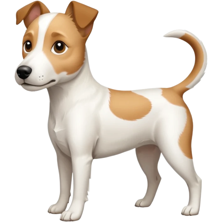 a full body slightly chubby white parson russell terrier looking dog the size of a kelpie with light brown long ears and a light brown patch on one eye and a large snout. the rest of the dog is completely white. forward facing emoji