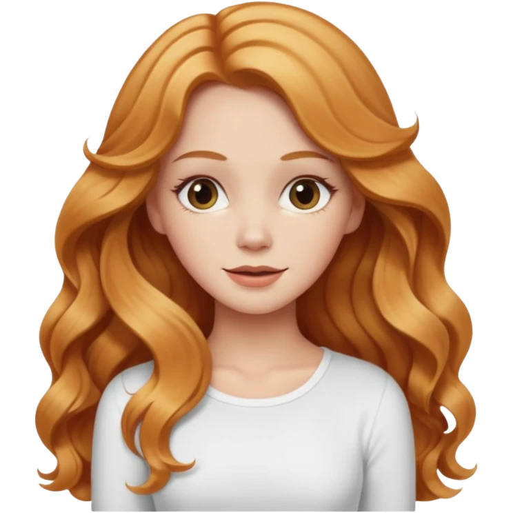 white girl with strawberry blonde supernlong wavy hair, white top  emoji