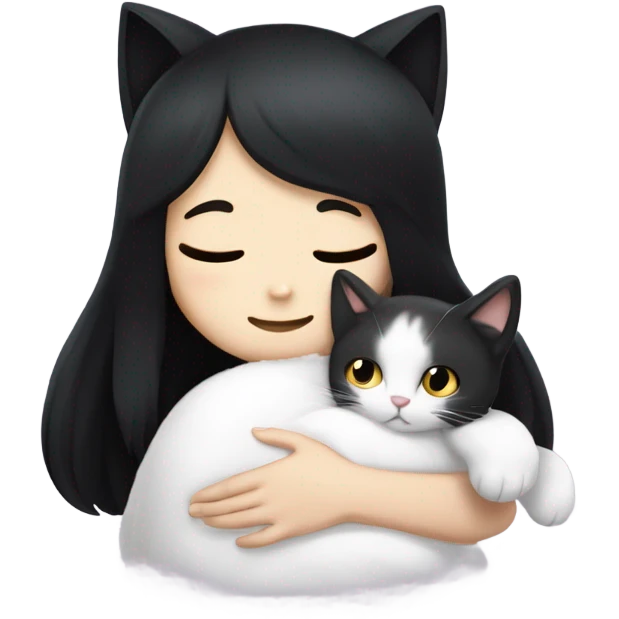 Black hair and white girl snuggling white fold ear cat emoji