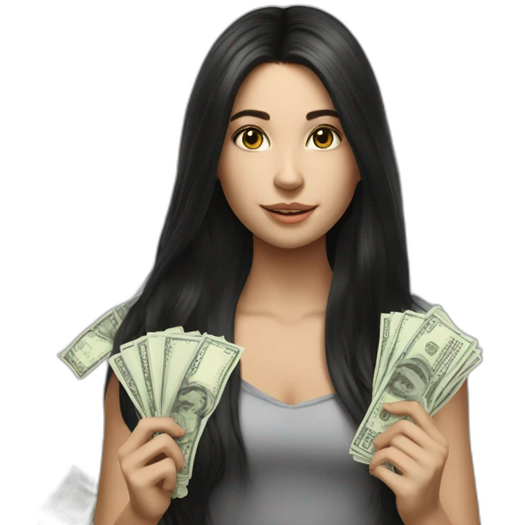 hyperrealist caucasian girl black long hair holding money emoji