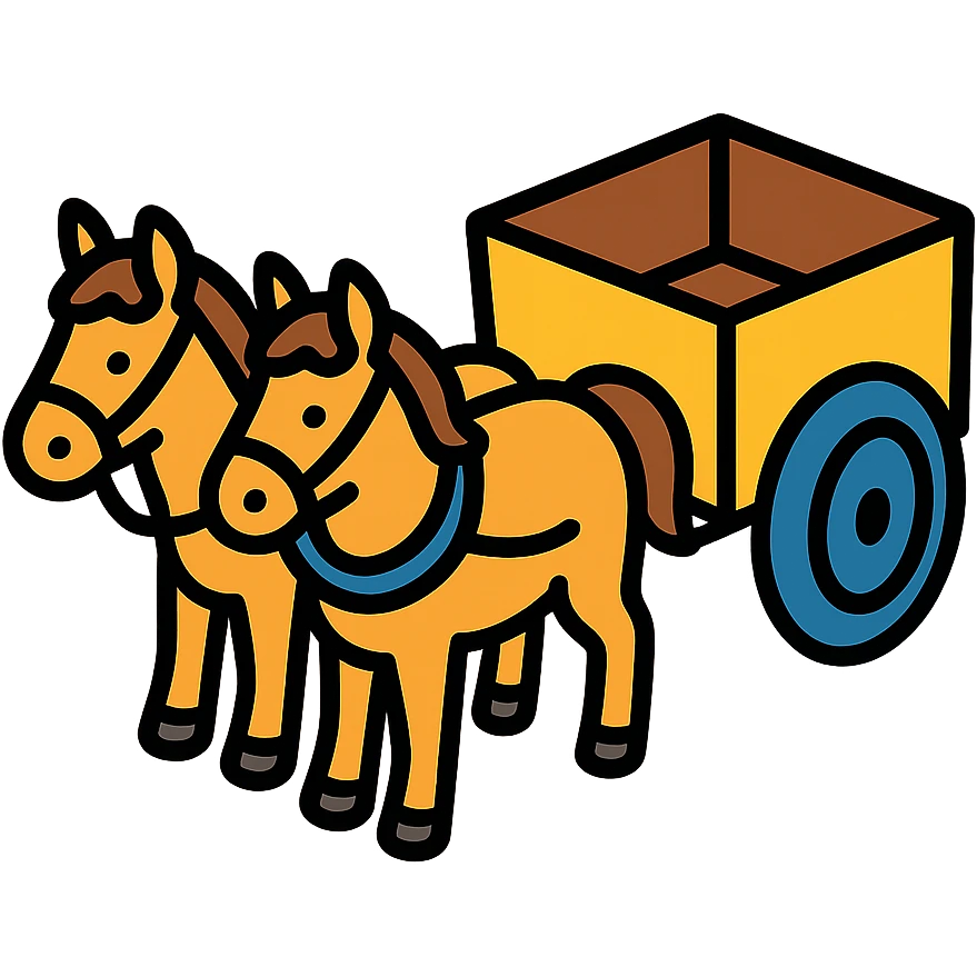 two horses pulling a cart, isometric view emoji