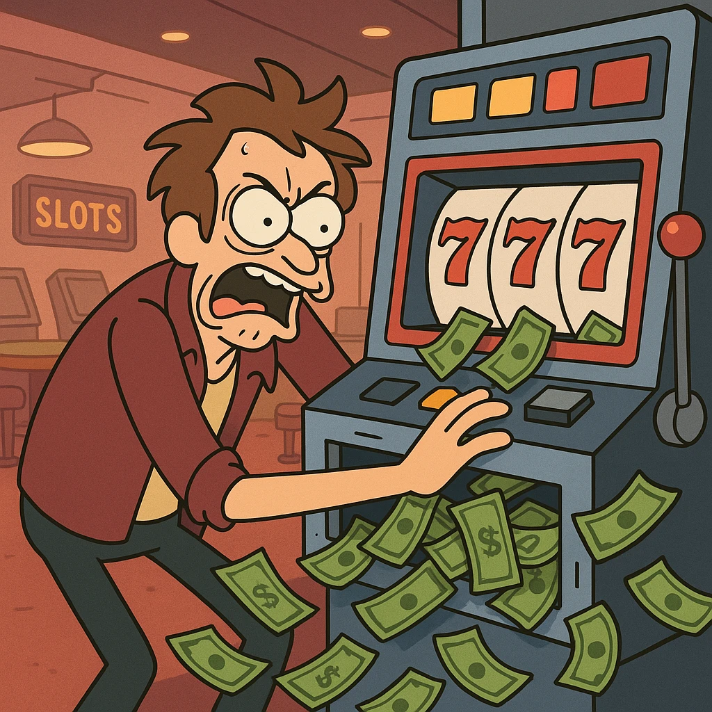 frantic gambler scraping a slot machine, money pouring out, distressed expression, casino setting, vibrant cartoon style emoji