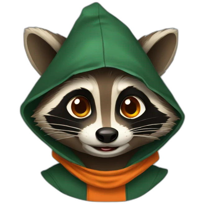 brown raccoon with orange eyes and a dark green hood that is laughing emoji