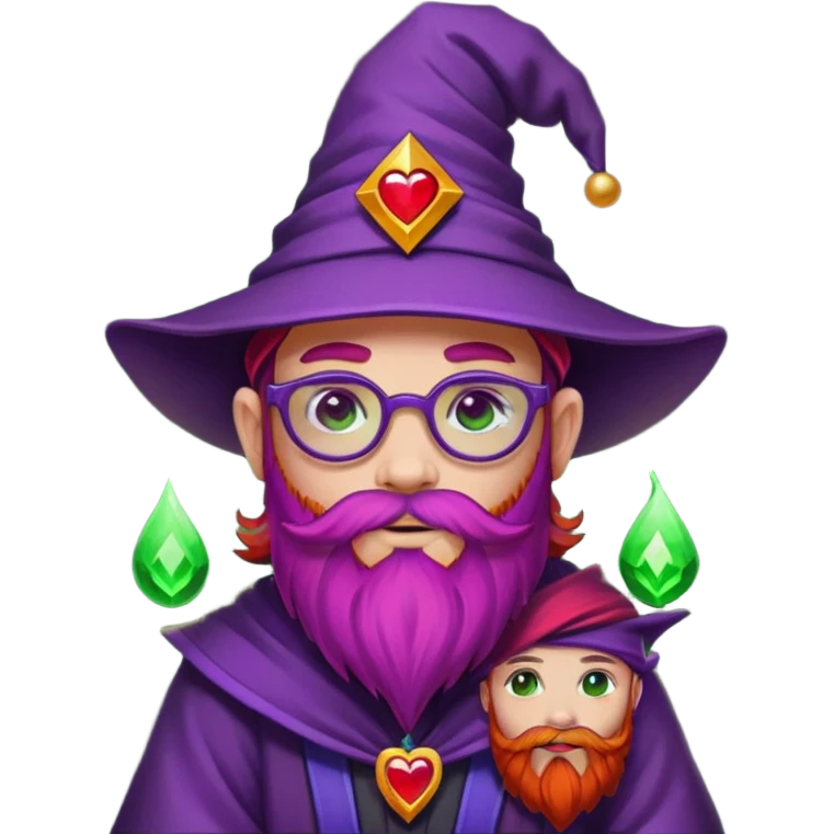 Cartoon DevOps wizard with red beard, no glasses, "I ❤️ YAML" shirt, purple hat, casting green magic. Grafana logo tattoos around eyes. GitOps patch on sleeve. Sticker style with clean outline, transparent background. emoji
