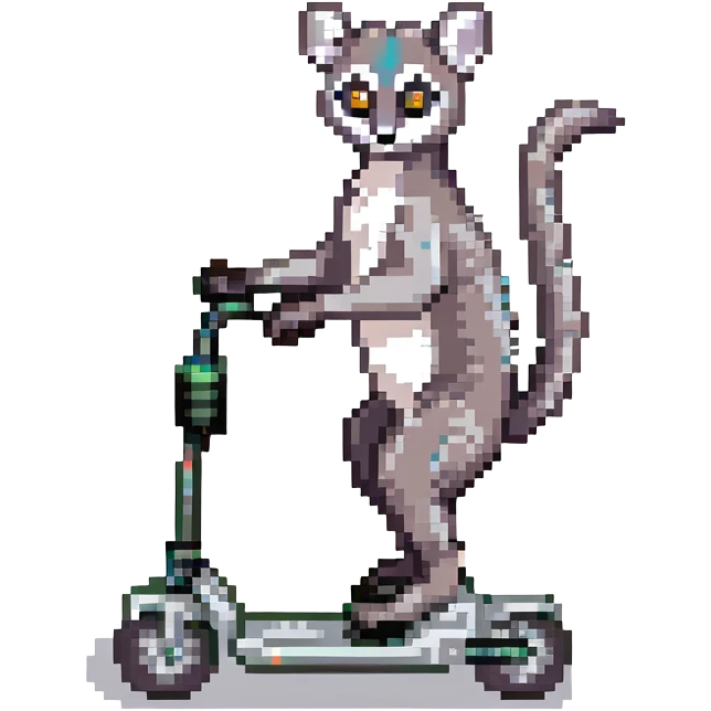 ring tailed lemur riding a mobility scooter, pixel art style emoji