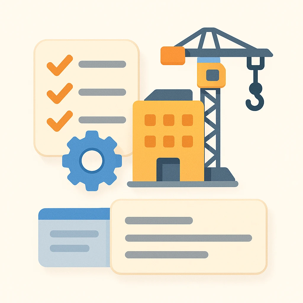 Flat emoji-style illustration of a software registry for a construction company. Includes a checklist/database icon, small gear/settings symbol, building/crane for construction theme, and a simplified UI card with lines for descriptions. Rounded shapes, soft shadows, friendly color palette. Clear, professional, and approachable emoji