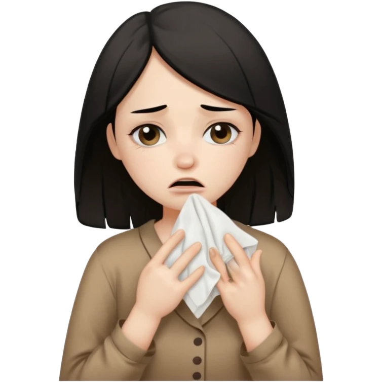 a pretty bratz fair girl wearing a brown pajamas, dark circles, crying, holding tissues. black hair emoji