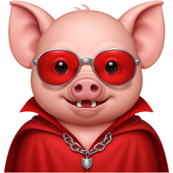 Vampire animal, pig in red collar cloak, red eye, fangs, sunglasses emoji