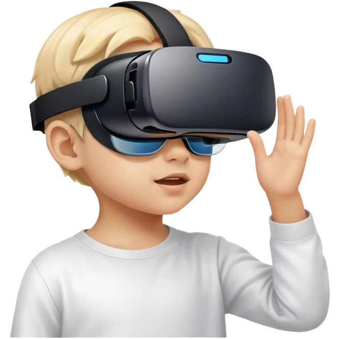 Child wearing virtual reality glasses, with a curious and engaged expression, exploring the digital world through VR technology. emoji
