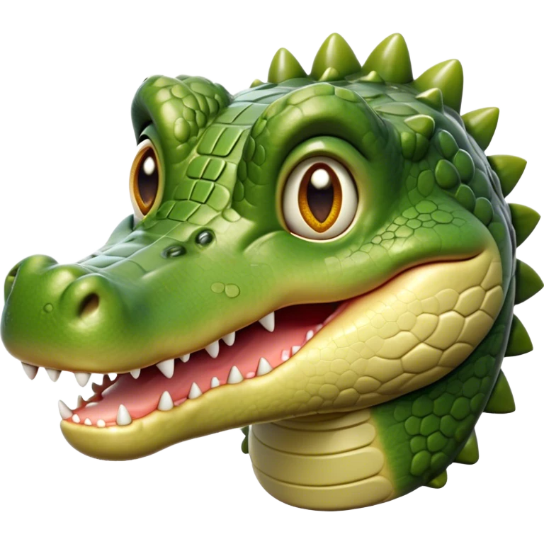 Cinematic Realistic Cute Crocodile Portrait Emoji, Head tilted playfully and inquisitively, featuring a robust, well-defined build with intricately detailed, glossy olive-green scales and a surprisingly endearing face with round, sparkling eyes full of unexpected charm, rendered with lifelike texture and natural highlights, high shine, affectionate and spirited, styled with a touch of wild whimsy, soft glowing outline, capturing the essence of a mischievous yet lovable crocodile that seems poised to snap playfully out of the screen into your arms! emoji