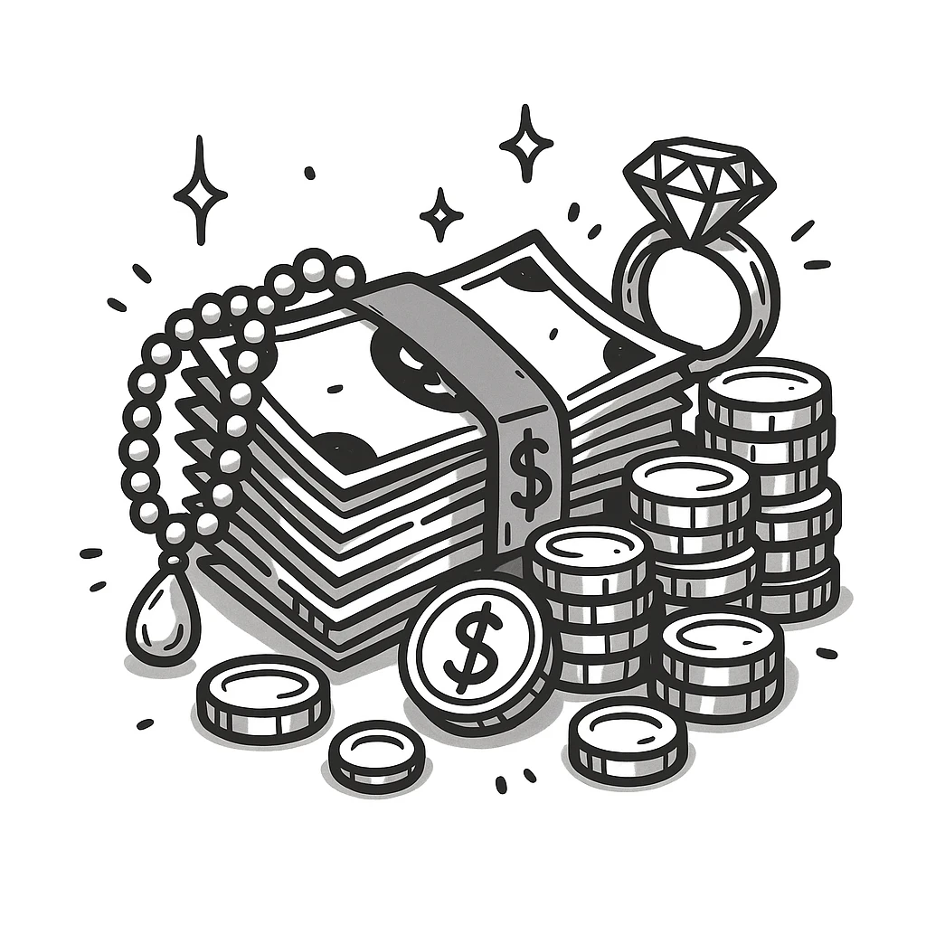 Make the stack of money look richer, add gold coins, jewelry, and a luxurious feel. The original style is doodle style, but doodle style does not support editing, so please keep the luxurious feel consistent with doodle style. emoji