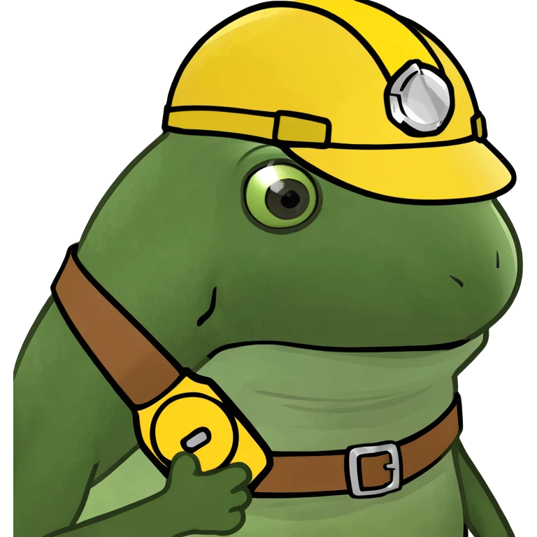 Make the baby oil bottle look like a construction worker with a hard hat and tool belt, in the green bufo frog meme style, no background. emoji
