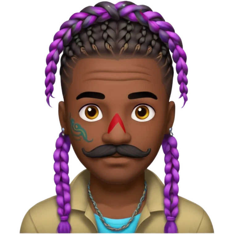 big lose braids starting from the top of the head man with mustache face wiith big visible braids and lots and lots of colored face tattoos colored tattoos like a tattoo artist hair unique color emoji