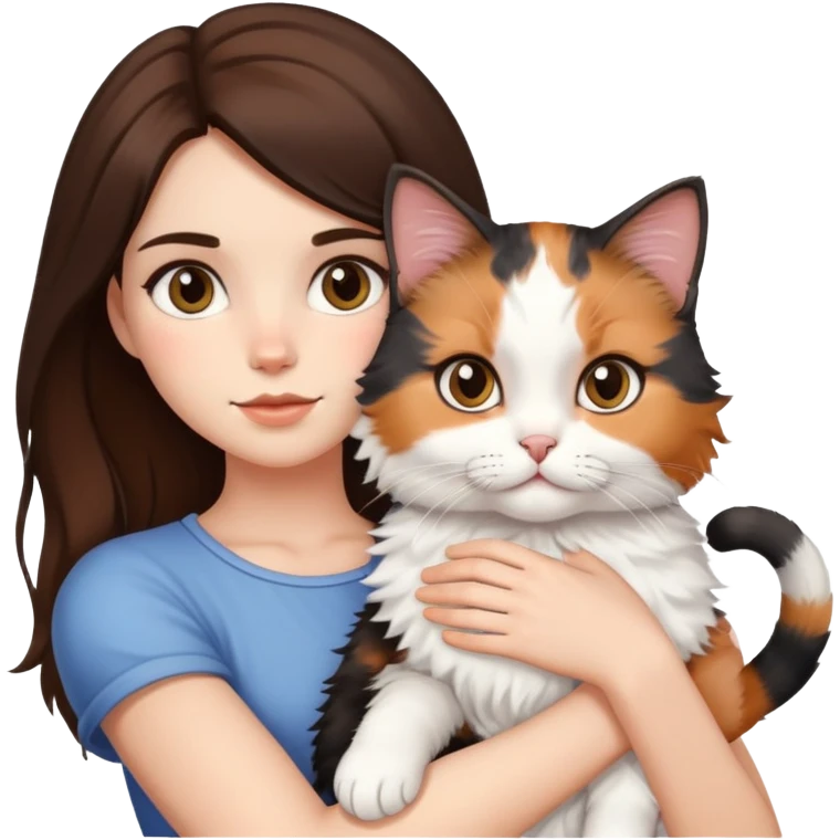Brunette girl holding a fluffly calico cat  emoji
