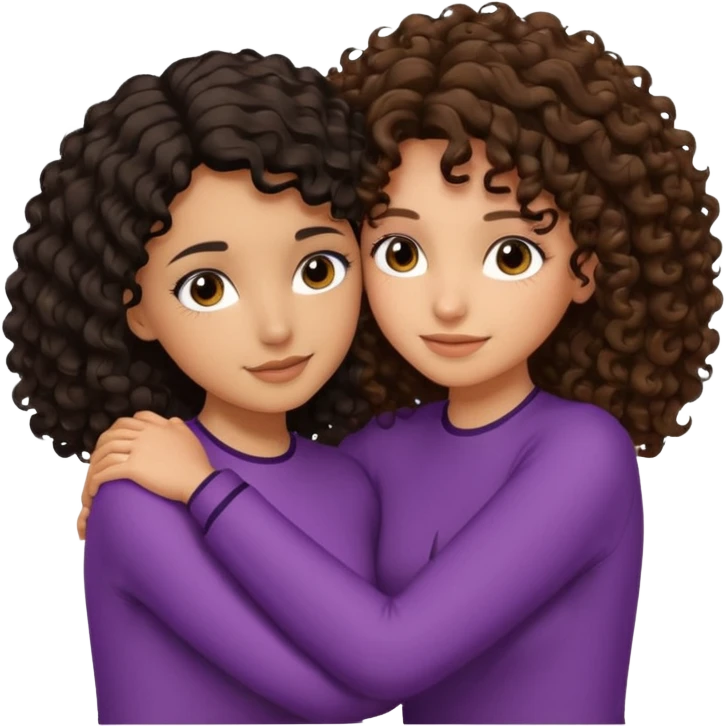 Girl with black curly wavy hair taller and light brown tan skin hugging another girl with medium length brunette curly hair short and long eyelashes emoji