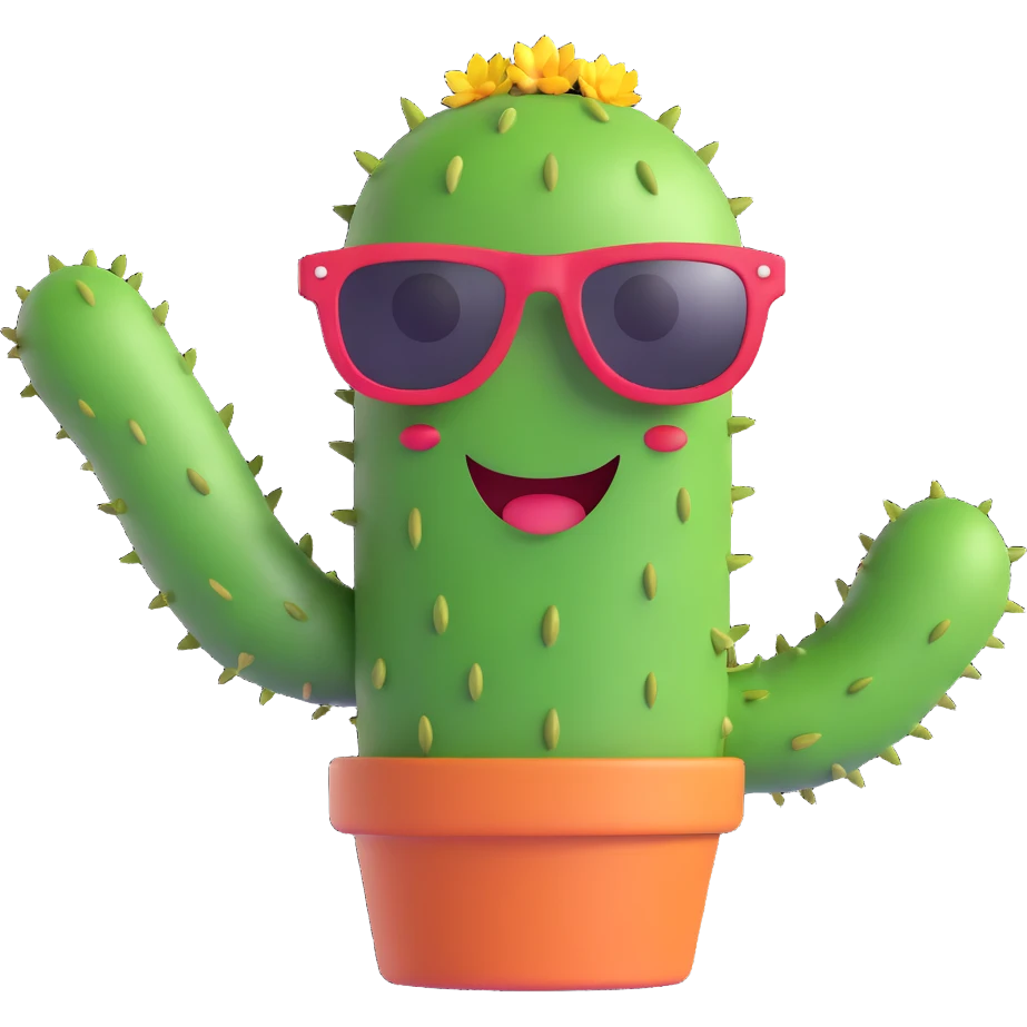 cheerful cactus with sunglasses waving arm emoji