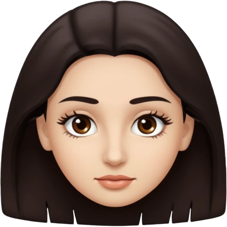 Rostro de forma ovalada con facciones delicadas. Ojos grandes y expresivos de color café oscuro, con pestañas largas y definidas. Cejas oscuras, pobladas y bien formadas. emoji