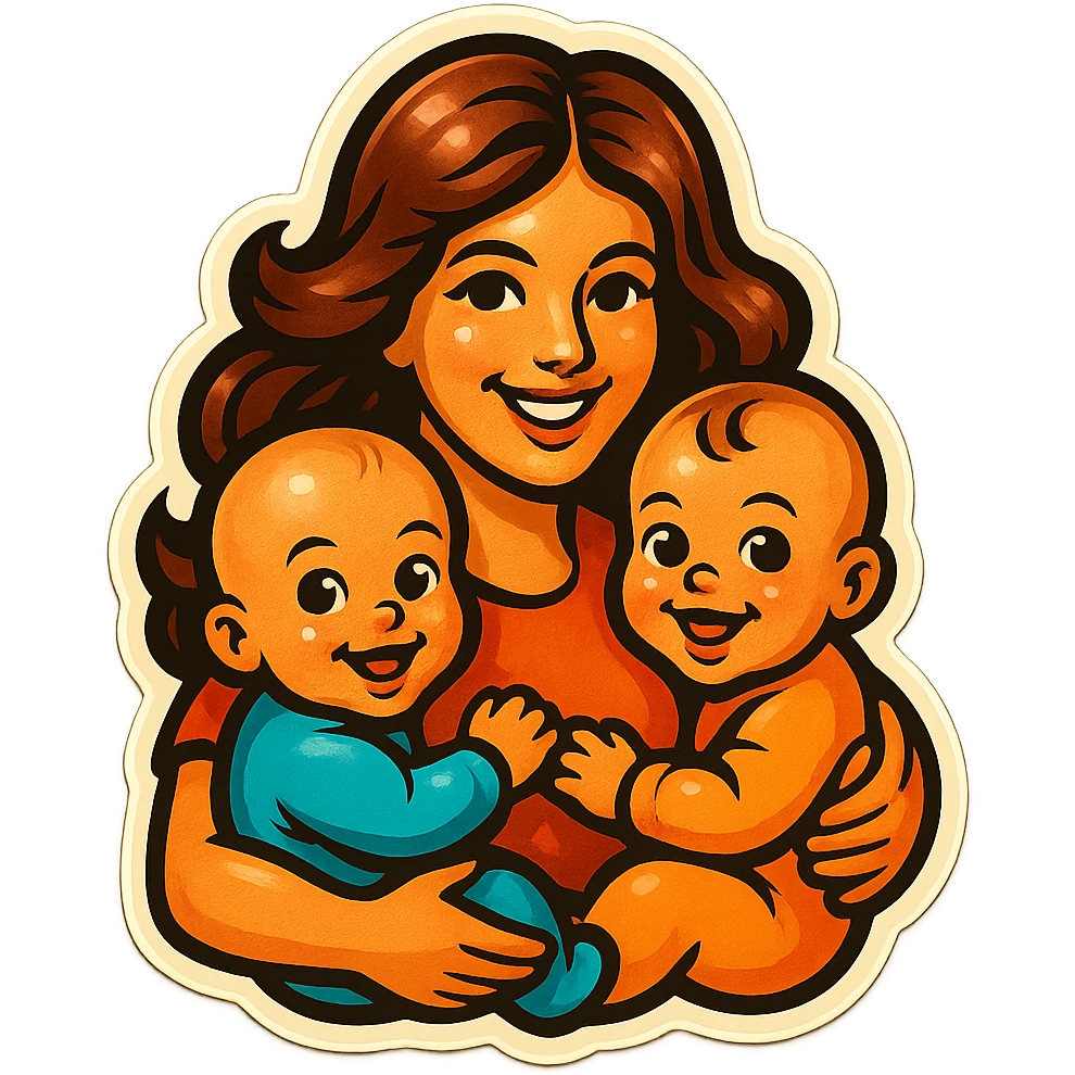 a mother with long wavy hair, holding two babies close, both babies smiling, large expressive eyes and lips, retro stickers style emoji
