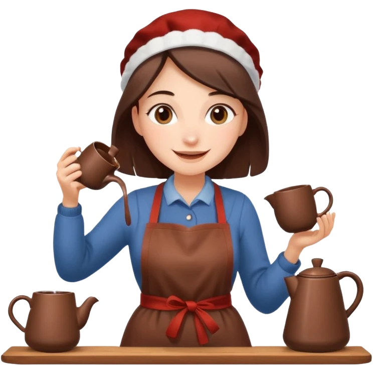 A cheerful woman wearing a winter apron, pouring cocoa from a kettle into tiny cups.
 emoji