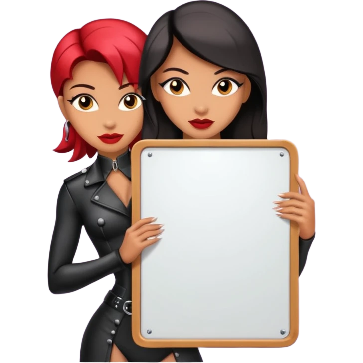 A dominatrix holding a large sign emoji