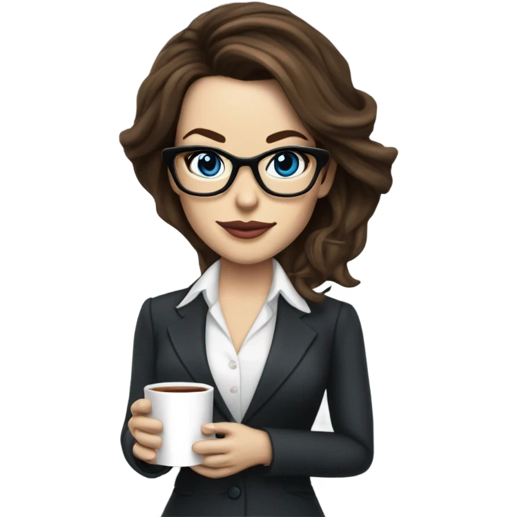 Realistic Kate Beckinsale blue eyes wearing glasses in a business dress drinking a cup of tea  emoji