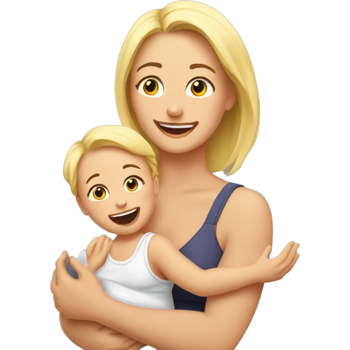 an EMOJI of a young mother with blonde hair, waist-up portrait, joyfully lifting baby in the air. The mother is lifting the baby with raised hands high above hear head and they look into each other eyes emoji