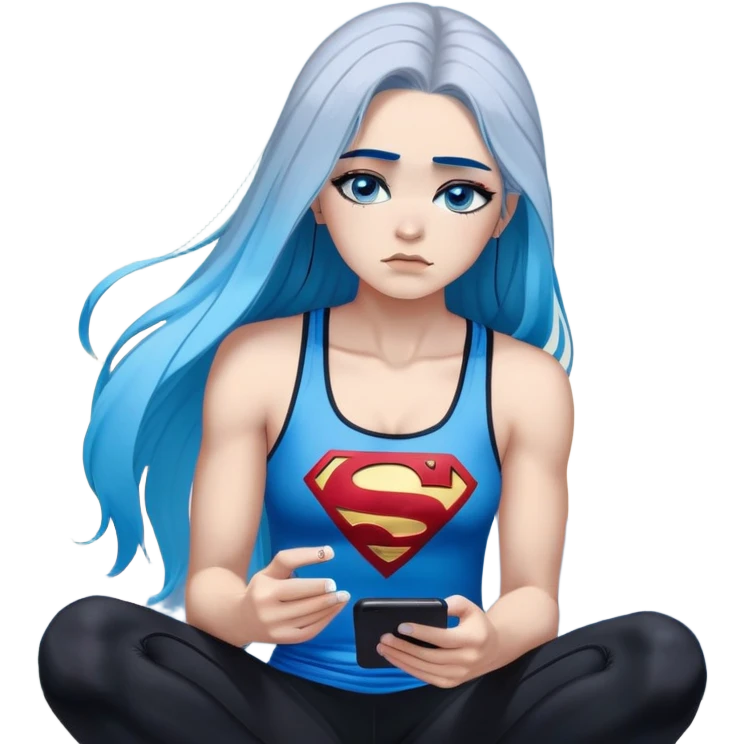 Shameful disappointed crying-very very very very big chest-texting on a samsung cell phone-very long straight flowing black to sky blue hair ombre-blue eyes-black eyeliner-long eyelashes-plastic sparkling sky blue very low cut tank top with sparkling superman logo-black leggings-nike sneakers emoji