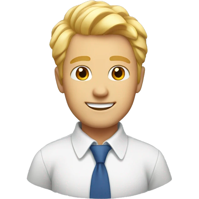 guy with blonde hair and orange eyes smiling and blue shirt with white collar emoji