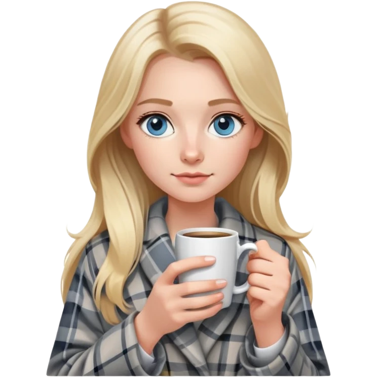 girl
blue eyes
long blond hair
wearing grey plaid housecoat
holding a white mug of coffee
wearing rose gold apple watch  emoji