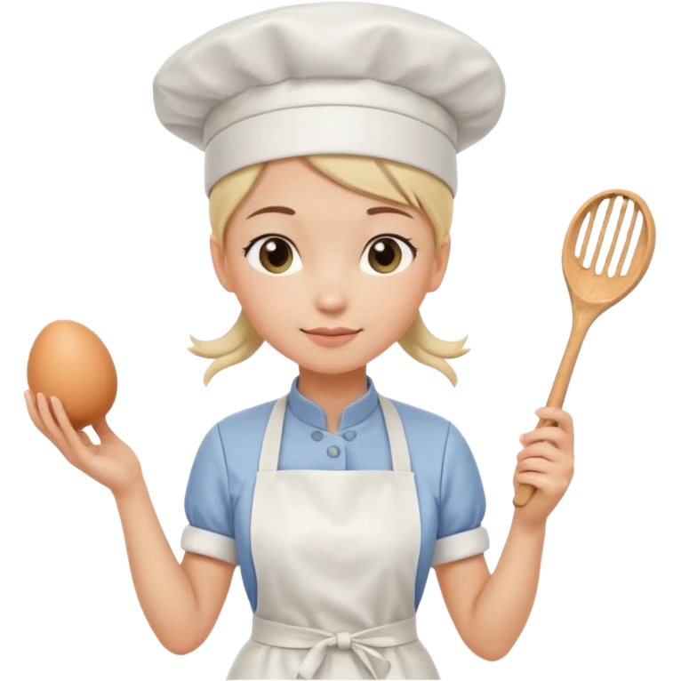 Young female pastry chef - ponytail, apron, wearing a white hat, holding an egg beater in her right hand, and naturally hanging her left hand to her side emoji