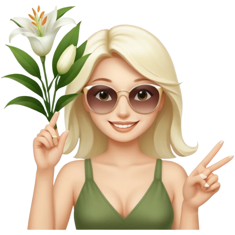 Professional sexy woman smiling holding lilies posing in shades  and flashing peace sign fingers emoji