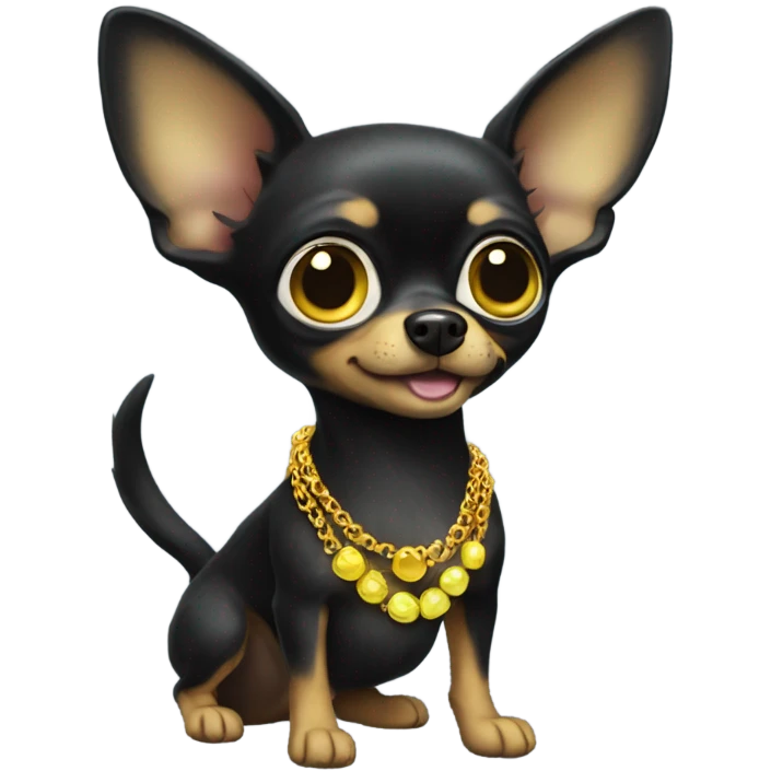 Black chihuhua, with big eyes and a yellow necklace emoji