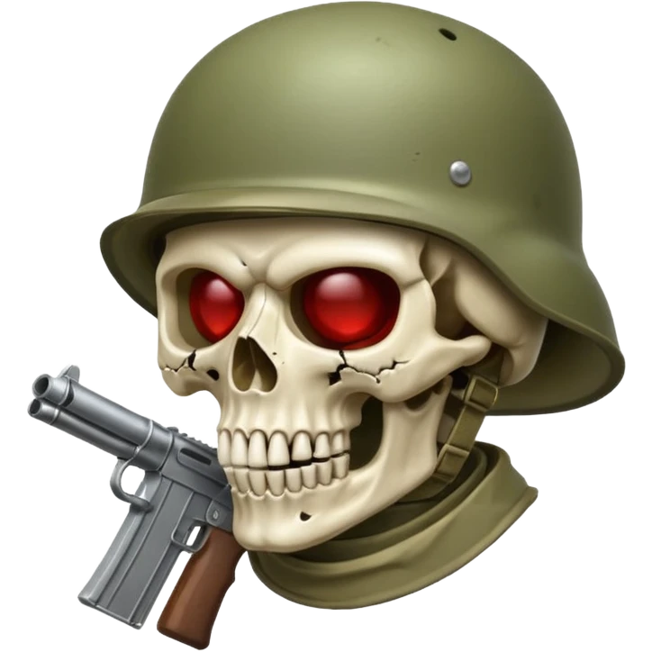 Una calavera 💀 soldado 🪖 mordiendo una bala en su boca con fondo verde  emoji