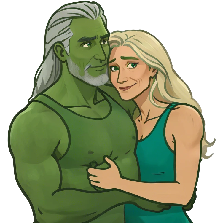 Hug between woman in her 50s with long blonde hair and blue eyes and muscular man in his 50s with blonde and grey hair and no beard or mustache  emoji