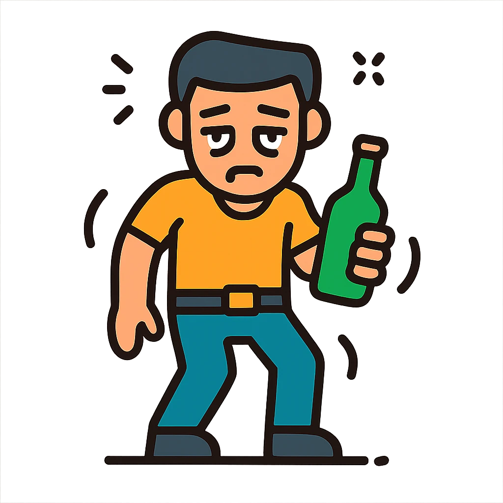 GTA-style character icon, looking drunk, wobbly stance, droopy eyes, holding a bottle, color outline style emoji
