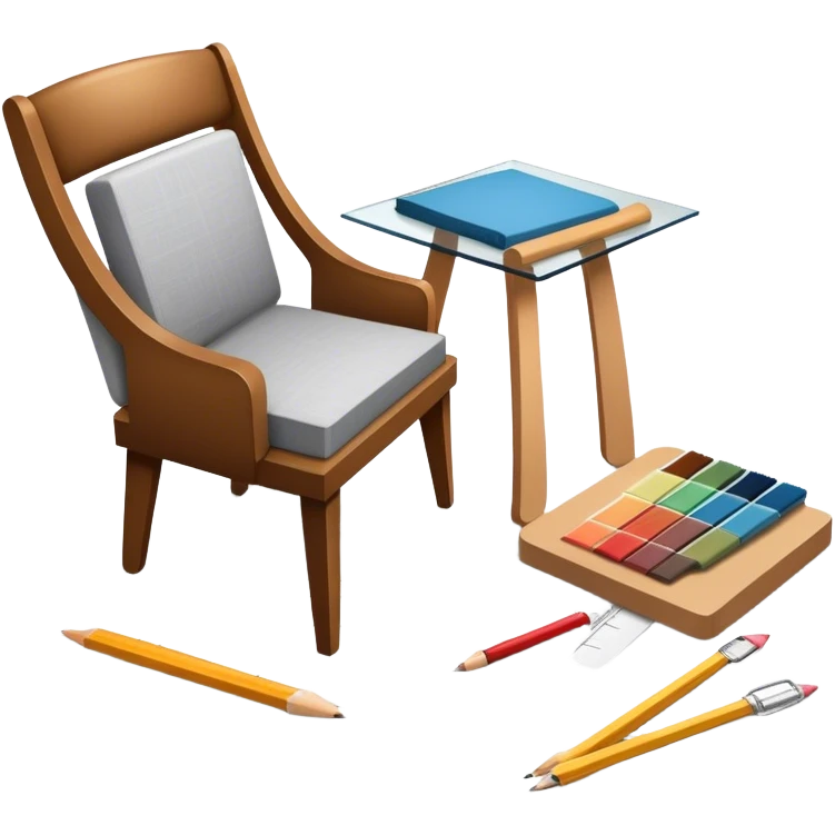 Icon for Furniture Design: a design process showing a sketch of a furniture piece, tools like a ruler and pencil, fabric swatches, and a 3D model of the piece being developed. The icon should represent the stages of furniture design and craftsmanship. Transparent background. emoji