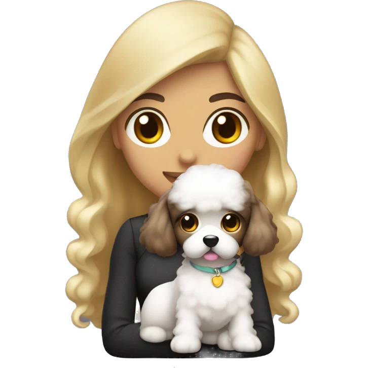 chica morena de pelo oscuro con su perra caniche blanca juntas emoji