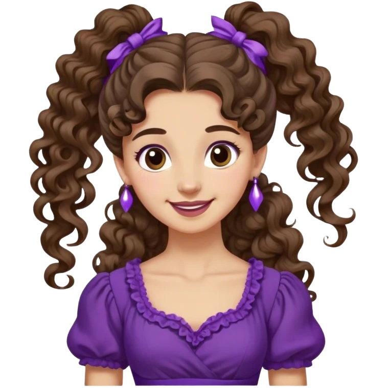 Femme aux cheveux longs et bruns, attachés en une queue-de-cheval haute et bouclée. Une mèche retombe sur son front. Elle porte une robe violette de style antique et a un sourire espiègle. emoji