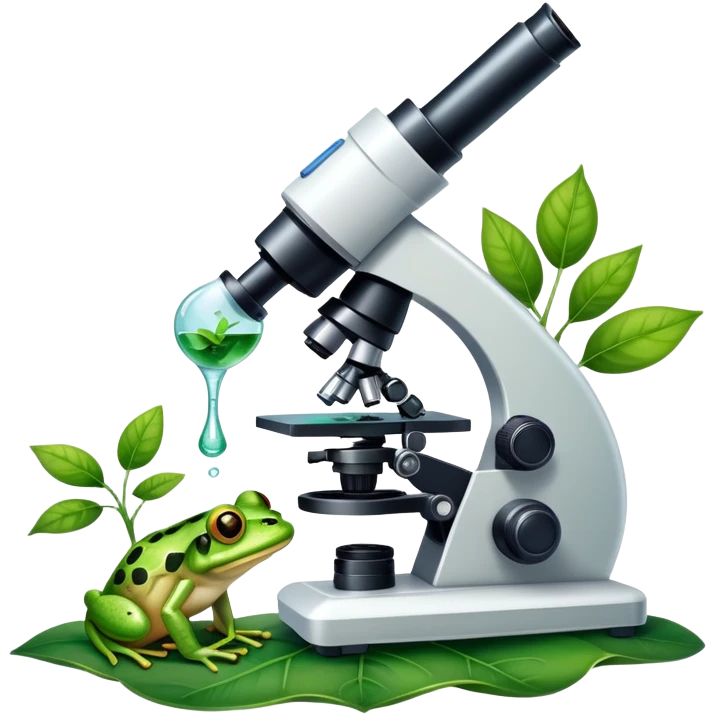 An icon featuring a DNA strand, a microscope, and a green leaf, symbolizing biology. The design includes animal cells, plant structures, and a frog, representing the study of living organisms and ecosystems. Transparent background highlights life sciences and biological research. emoji