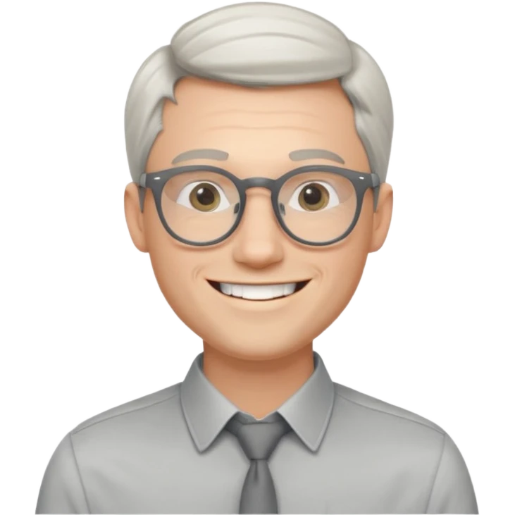 30 yr old pale white man, white/grey side swept stylish hair, round glasses, big smile, white teeth, handsome, longer hair, thin glasses, dress shirt emoji