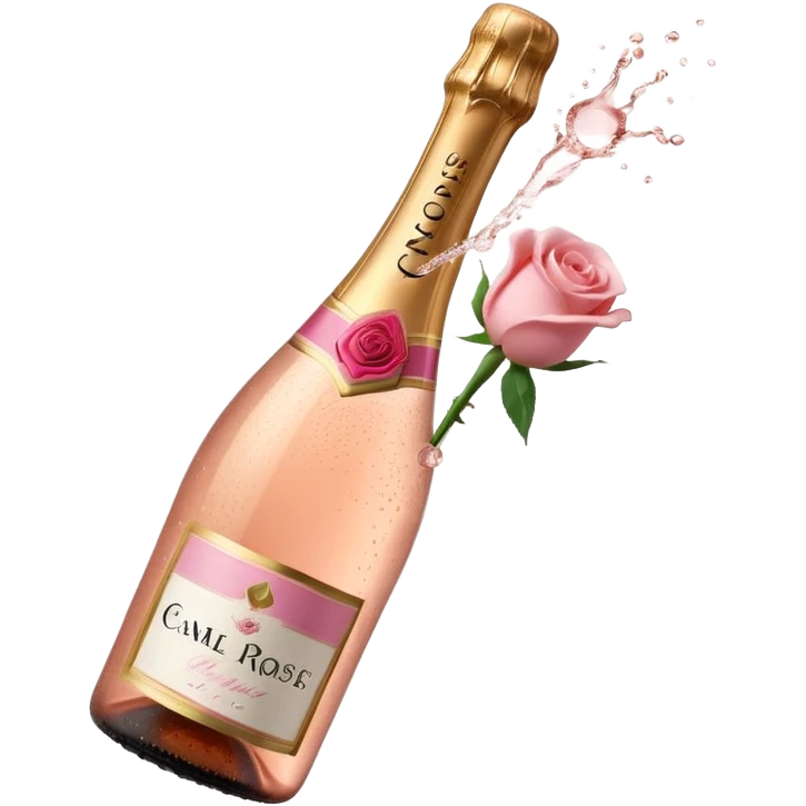 bottle of sparkling rosé champagne with a rose logo on the label, with the cork popping out from the top, tilted up and to the left, no glass emoji