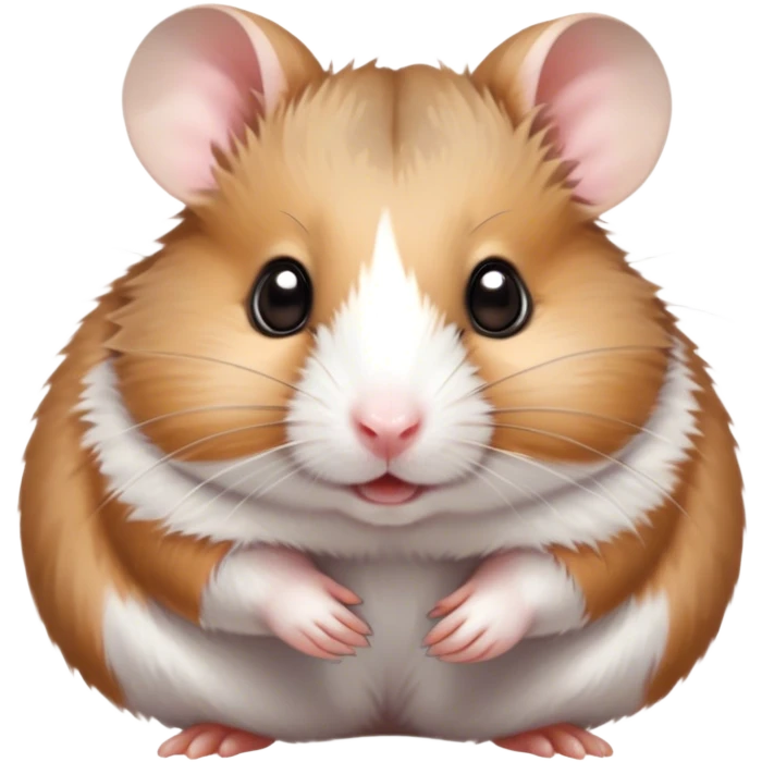 Cinematic Cute Brown and White Banded Hamster Portrait Emoji, Head tilted playfully and inquisitively, showcasing a fluffy fur with playful brown and white banded patterns, round, sparkling dark eyes filled with curiosity, Simplified yet irresistibly adorable features, highly detailed, glowing with a warm, friendly glow, high shine, affectionate and lively, stylized with a touch of whimsy, bright and endearing, soft glowing outline, capturing the essence of a mischievous yet loving hamster, so playful it feels like it could dash out of the screen and into your arms! emoji