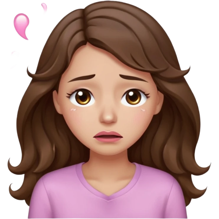 girl with wavy long brown hair, brown eyes, light to medium complexion, long lashes, light pink lipstick, wearing light pink shirt, crying big big tears emoji