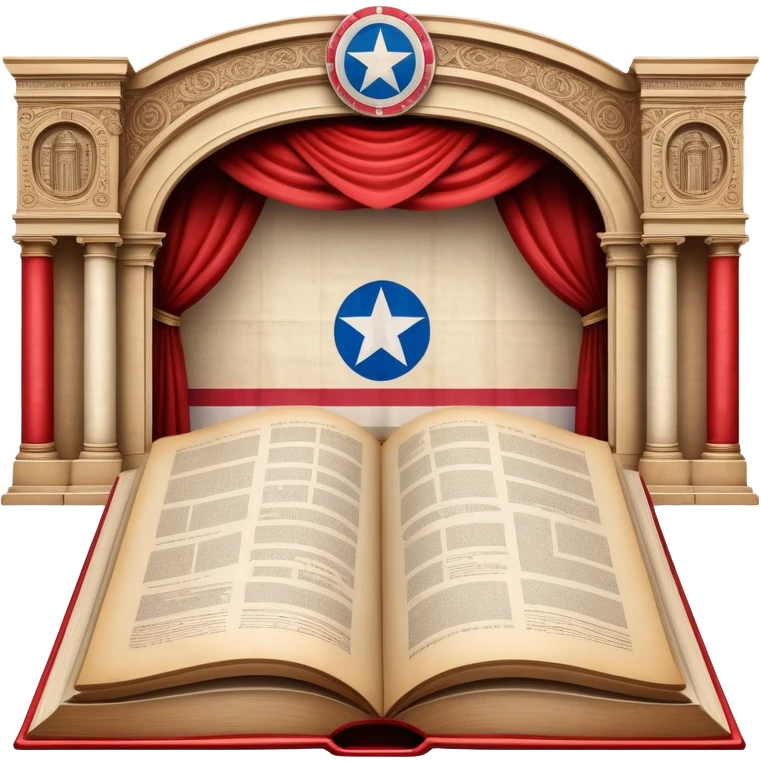 Vintage open book centered on elaborate theater scenography sketches, technical drawings of stage elements, set models on parchment pages, Puerto Rican flag elements throughout the designs emoji