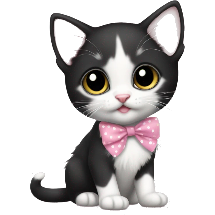 Baby Full body Tuxedo kitten with a pink polka dot ribbon Hazel eyes emoji