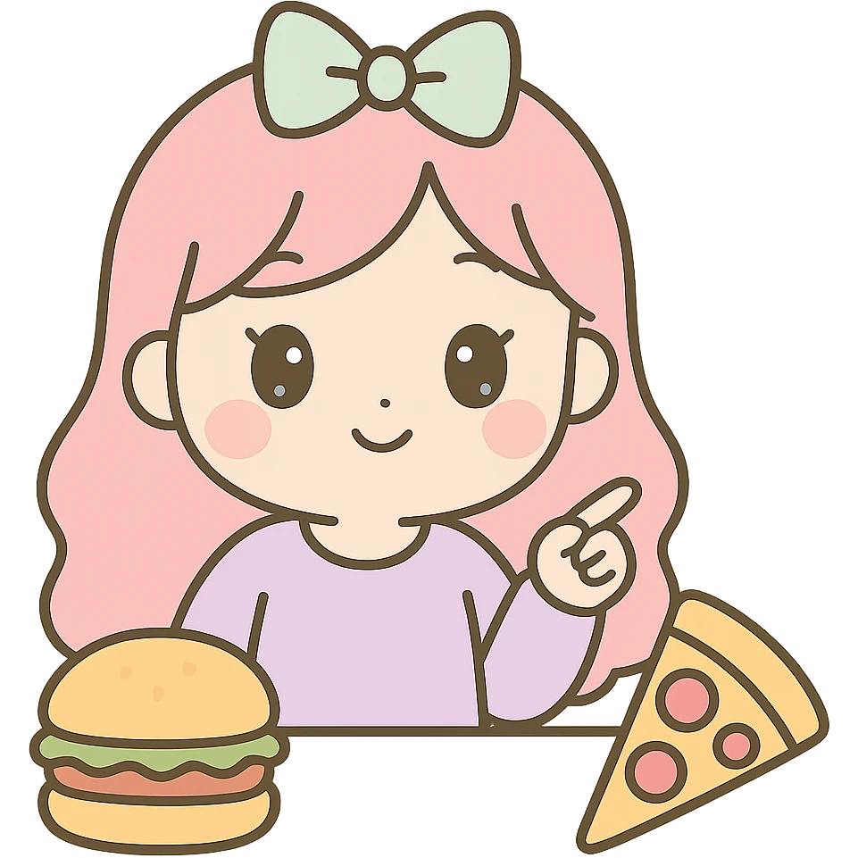 Make the woman have longer hair, wear a pastel purple shirt, and a pastel bow on top of her head, similar to the provided reference image. She is pointing at a pizza in front of her, with a hamburger also in front of her. Keep the kawaii chibi anime style, flat pastel colors, thick outlines, simple cute features, and transparent background. emoji